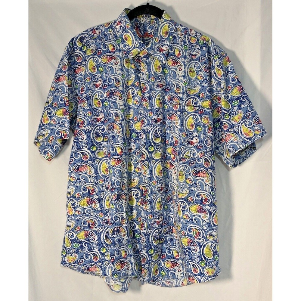 Alan Flusser Men's‎ Colorful Blue Paisley Short-Sleeve Button-Up - Size L